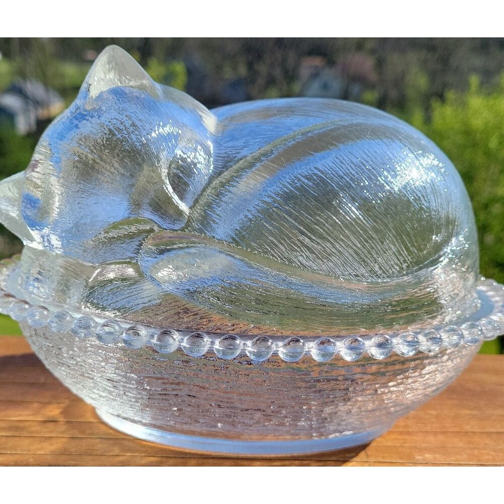 Vintage Indiana Glass Confections Sleeping Cat on a Nest Covered Beaded Dish 7”L